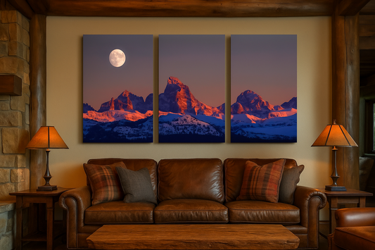 3-pc Triptych 36" x 54" Canvas - Grand Teton Moonrise Gallery Wrapped Print